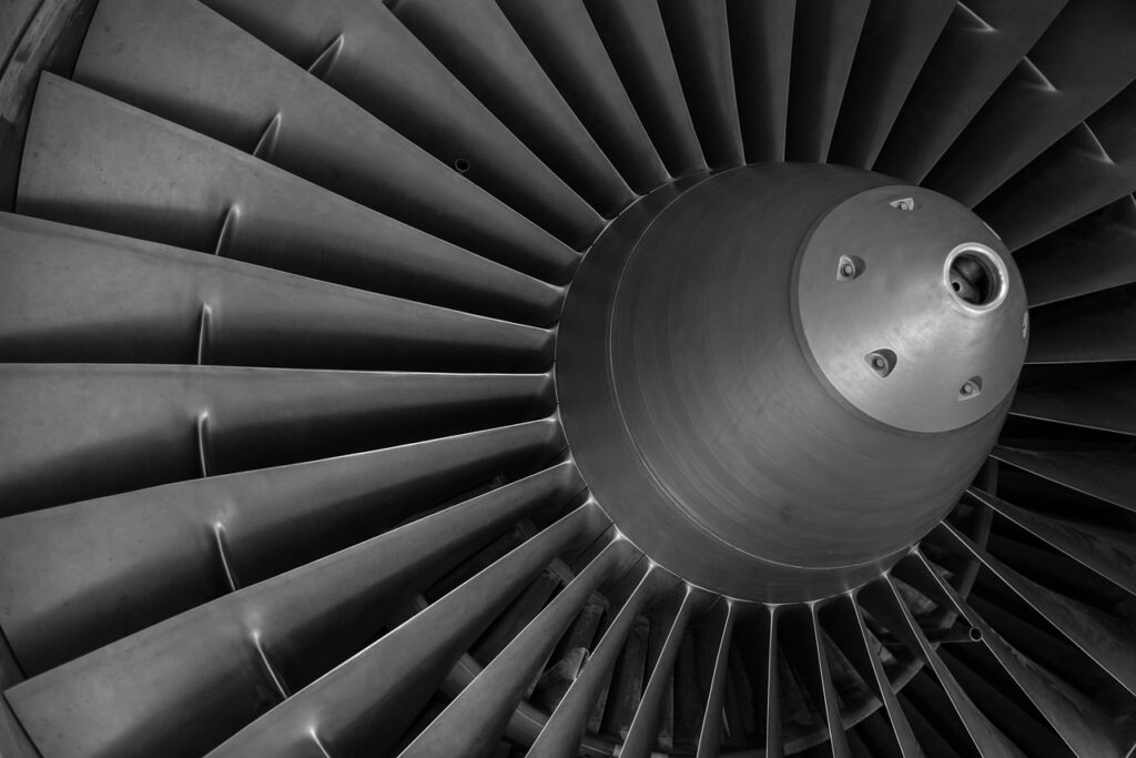 Close-up of an aerospace engine with turbine pieces