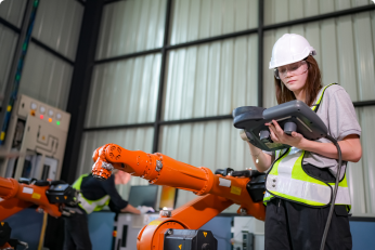 Engineer testing a robotic production simulator